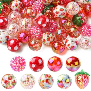 Imagem de LiQunSweet 45 peças, 9 estilos, 16 mm, tema de morango, contas redondas grossas de acrílico para joias DIY, pulseira, colar, brinco, artesanato, bolsa, chaveiro, decoração de telefone