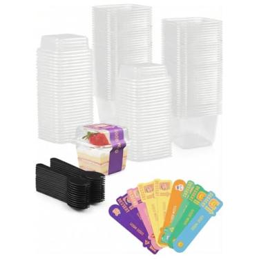 Imagem de Zitonyang 100 conjuntos de copos de sobremesa transparentes de 227 g com tampas e garfos, copos descartáveis de iogurte parfait quadrados de plástico para sorvete, lanche, copos de frutas, PET de grau