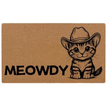 Imagem de Bmotaso Tapete Meowdy Cat Welcome Outside Front Door Mat, fofo e divertido, tapete de entrada interno/externo, tapete de porta de coco artificial rústico para amantes de gatos, entrada de varanda