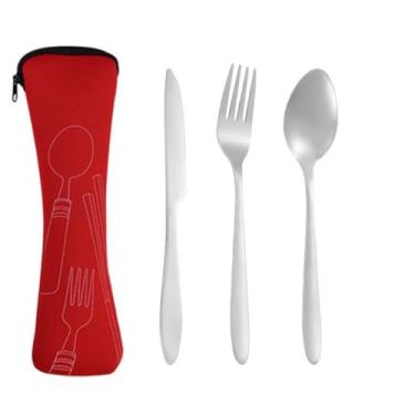 Imagem de 3 conjuntos de talheres faca, garfo, colher, utensílios de mesa de aço inoxidável à prova de ferrugem com estojo de transporte para viagem, acampamento, piquenique, caminhada (vermelho brilhante)