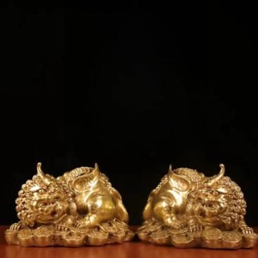 Imagem de FENNYYAR Um par de ornamento Pixiu Bronze Fortuna e Prosperidade Fera Auspiciosa, 15 cm, Decoração de Escritório em Casa