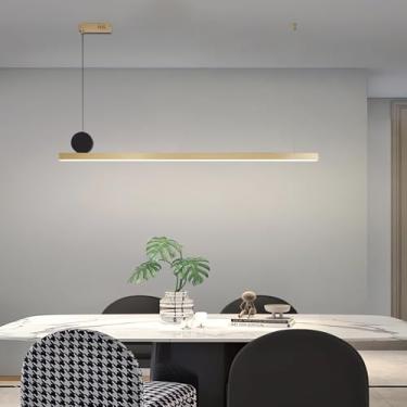 Imagem de Luminária pendente linear moderna com controle remoto, 100% regulável, preta, com altura ajustável, ideal para mesa de jantar, ilha de cozinha, bar, escritório ou café (dourada, 88 cm).