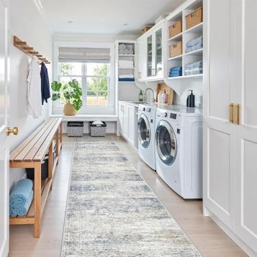 Imagem de Restydon Tapetes longos – Tapetes laváveis para corredor 5 x 25 cm, tapete de cozinha ultramacio e ultrafino, tapetes antiderrapantes para entrada, quarto, sala de estar (5 x 25 cm, azul/marrom/marfim