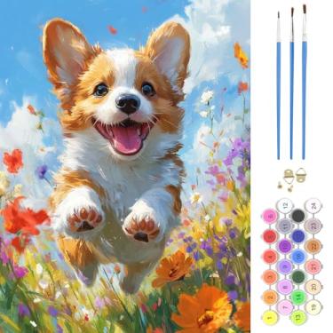 Imagem de NAIMOER Kits de pintura de cães por números para adultos iniciantes, Corgi Color by Numbers em tela kits de artesanato para adultos sem moldura, pintura fácil de acrílico DIY para decoração de parede