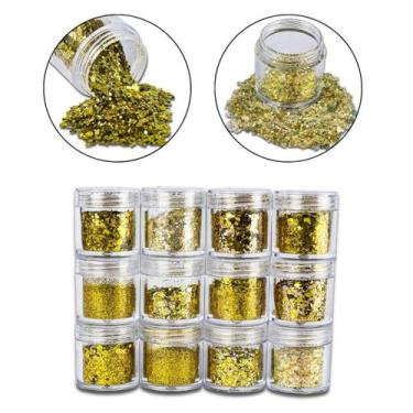 Imagem de Kit 12 Glitter Dourado Decoração Unhas Encapsulada Gel Fibra - Arte Se