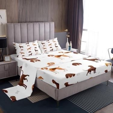 Imagem de Homewish Jogo de lençol Queen com desenho animado de cachorro, aquarela beagle, 4 peças, para crianças, meninos, meninas, adolescentes, cinza com estampa de pata, 4 peças, lençol de cima, lençol com