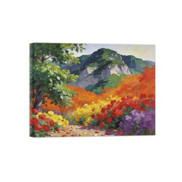 Imagem de Impressão em tela de paisagem de arte de parede - flores coloridas de árvore de montanha - quadros de pintura de decoração para sala de estar pronta para pendurar 40 x 50 cm 40 x 50 cm tela embrulhada