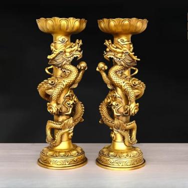 Imagem de FENNYYAR Um par de enfeites de castiçal de dragão duplo de latão puro, 22 cm, suprimentos budistas para sala de estar doméstica