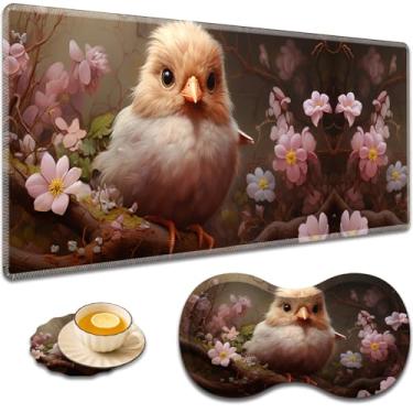 Imagem de Mouse pad grande para jogos + suporte de pulso + porta-copos de café, almofada de mesa com bordas costuradas, conjunto antiderrapante adequado para trabalho de escritório e casa - animais fofos