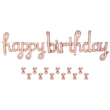 Imagem de Beistle Pacote de decoração de aniversário ouro rosa – 12 pesos de balão metálico e serpentina de balão "Feliz Aniversário", decorações elegantes e modernas de celebração para festas chiques, eventos