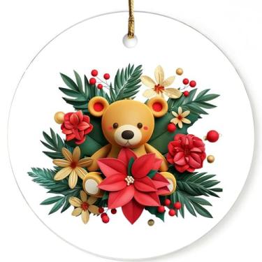 Imagem de Lembrança de casal combinando 1 pacote - urso fofo de desenho animado + arte de flor de Natal enfeites redondos de porcelana pendurados (com cordão), presente romântico de coração quente para