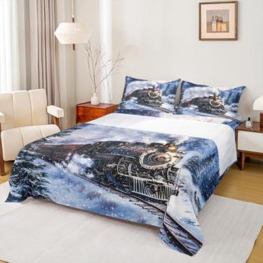 Imagem de Jogo de lençol solteiro infantil Choochoo, pinheiros, montanha, neve, montanha, natural, para meninas, meninos, vapor, retrô, marrom, 3 peças (elástico + 1 fronha)