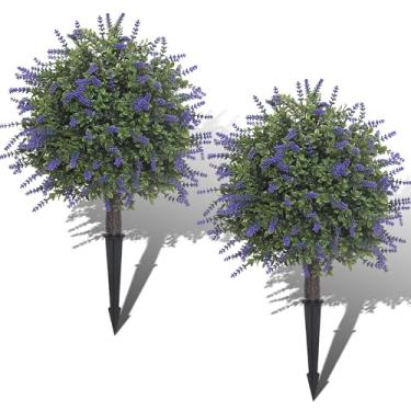 Imagem de IDMOP Bola de topiária de buxo artificial de 58 cm com lavanda, pacote com 2 arbustos falsos resistentes a UV com ponta de chão para decoração de pátio de varanda de jardim interno (roxo)