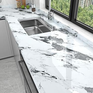 Imagem de Wallderful Papel de contato de mármore branco cinza removível papel de parede de mármore brilhante prateado descascar e colar bancadas adesivo de mármore autoadesivo para cozinha backsplash banheiro