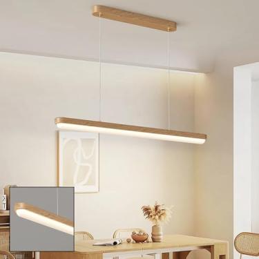 Imagem de Luminária pendente de madeira com LED dimerizável, estilo linear, para ilha de cozinha, sala de jantar, com controle remoto, ideal para mesa de jantar, cozinha, escritório, bar ou loja. Lumi