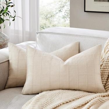 Imagem de ZeeMart Conjunto de 2 capas de almofada lombar xadrez de linho, 30,5 x 50,8 cm em toda a grade bege, capa de almofada decorativa dupla face quadriculada bordada para sofá capas de almofada de linho de