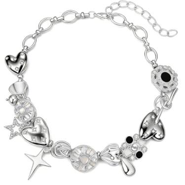 Imagem de ALFISO Colar de prata grosso para mulheres, colar gargantilha com pingente de estrela Y2K, pingente de prata com pingentes de coração e estrela, joia de gargantilha de prata grossa para roupas de rave