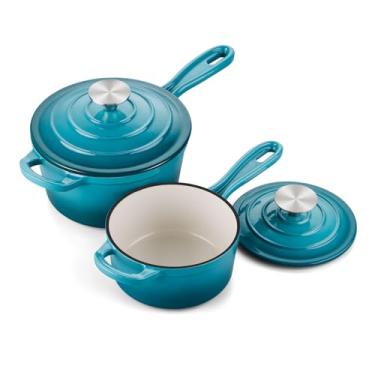 Imagem de Onader Conjunto de panela de 1 litro e 2 litros com tampa, panela de ferro fundido esmaltado, panela de cozinha pequena para forno holandês, antiaderente e resistente, compatível com indução – ciano