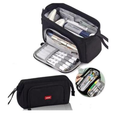 Imagem de Estojo Escolar Masculino Feminino Grande 3 Ziperes Triplo Cores:Preto 