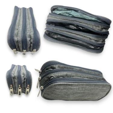 Imagem de Estojo Escolar Masculino Feminino Grande 3 Ziperes Triplo Cores:Cinza 