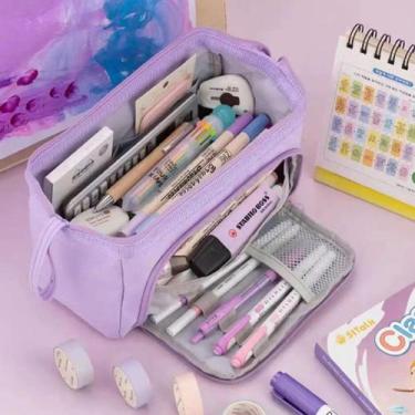 Imagem de Estojo Escolar Masculino Feminino Grande 3 Ziperes Triplo Cores:Lilas 