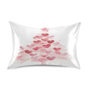 Imagem de xigua Fronha de cetim de árvore de corações de Natal para cabelo e pele, lavável na máquina, almofada de cetim resfriadora, capa de cama padrão com fecho de envelope, 51 cm x 66 cm