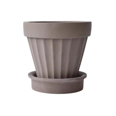 Imagem de KHUTRW3D Vaso de plantas redondo com textura de listras, vaso de cimento, com orifício de drenagem e bandeja de pires, recipiente de plantas, para varanda, quarto, sala de estar (2 cores) para