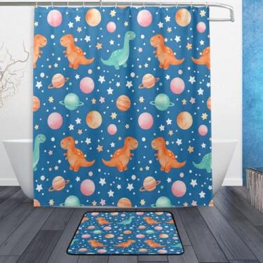 Imagem de Kigai Conjunto de tapetes de cortina de banho de dinossauro verde laranja desenho animado 2 peças, conjunto temático de banheiro (152 x 182 cm) com cortina de chuveiro e tapete antiderrapante -12