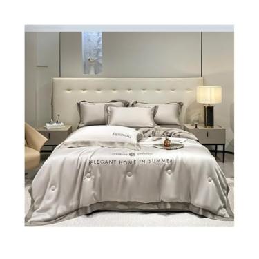 Imagem de Conjunto de edredom de cetim luxuoso de 4 peças, cor lisa, para o verão, macio e refrescante (cinza claro, 180 x 220 cm)