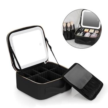 Imagem de Bolsa de Maquiagem Viagem com Espelho Iluminado 3 Cores Luzes Ajustáveis Recarregável Estojo Cosméticos Divisórias e Suporte para Pincéis Mulheres Men