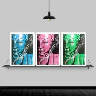 Imagem de Kit 3 Quadros Feng Shui Budas Coloridos 24X18 Moldura Branca