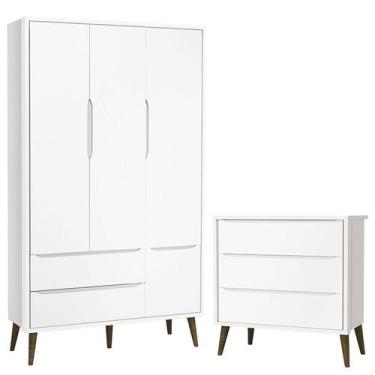 Imagem de Cômoda Infantil Gaveteiro e Guarda Roupa 3 Portas Theo Branco Acetinad