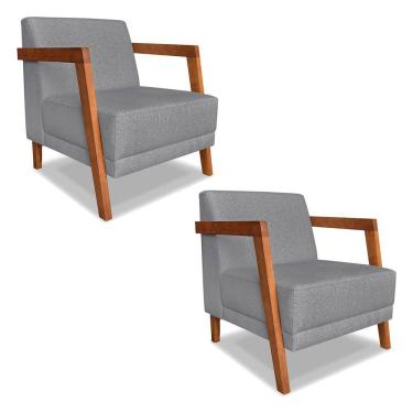 Imagem de Kit 02 Poltronas Decorativa Natália Linho Grafite Base Em Madeira Castanho - Pallazio