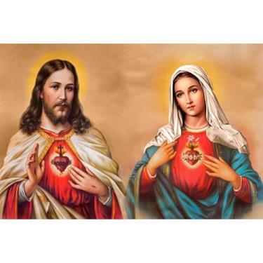 Imagem de Painel de Tecido Sublimado Sagrado Coração de Jesus e Imaculado Coraçã
