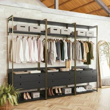 Imagem de Guarda-roupa Closet Modulado Casal Estrutura Metálica 6 Gavetas 3 Cabideiros 200cm Industrial Preto/Dourado
