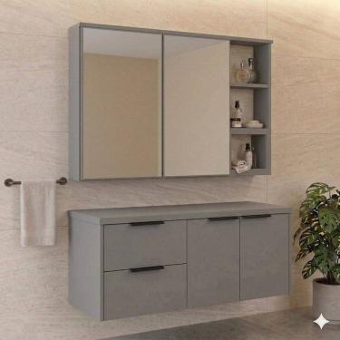 Imagem de Conjunto para Banheiro com 1 Gabinete Suspenso e 1 Espelheira com Nichos 100cm Village Cimento