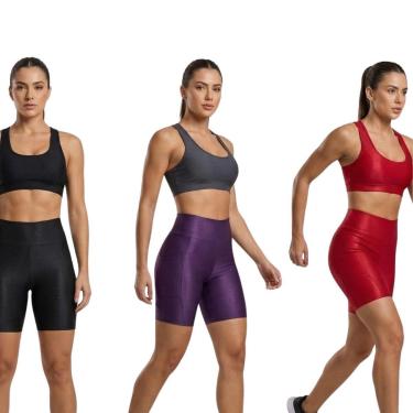 Imagem de KIT 3 Bermuda Fitness Com Bolso Esmeralda Bella Fiore Cós Alto Academia Treino Feminina...