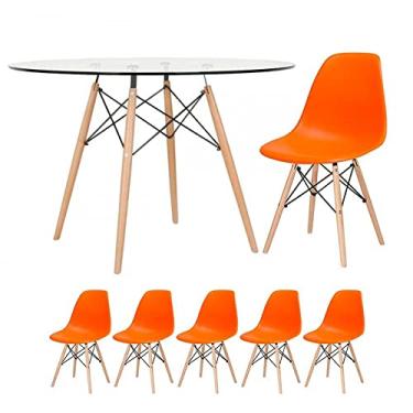 Imagem de Loft7, Mesa redonda Eames com tampo de vidro 120 cm + 5 cadeiras Eiffel DSW Laranja