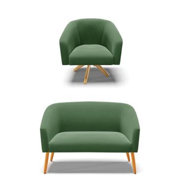 Imagem de Kit 1 Namoradeira E 1 Poltrona Giratória Verde Base Madeira