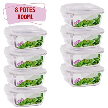 Imagem de Kit 8 Potes 800ml de Vidro Marmita Tampa Hermetico Não Vaza