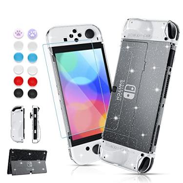 Imagem de FUNDIARY Capa de encaixe com glitter compatível com Nintendo Switch OLED, capa protetora para Switch OLED e aderência confortável para Joy Con com tela e 12 tampas de polegar - Capa Joy con de TPU com glitter