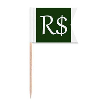 Imagem de Símbolo da moeda do Brasil Real BRL bandeiras de palito de dente marcando para bolo de festa comida prato de queijo