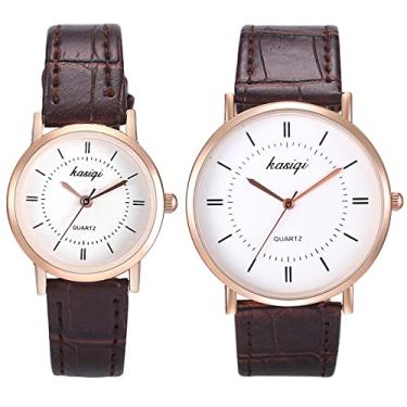 Imagem de LANCARDO Relógio redondo vintage para homens e mulheres quartzo analógico preto marrom couro casal relógio de pulso estilo simples, Casal B