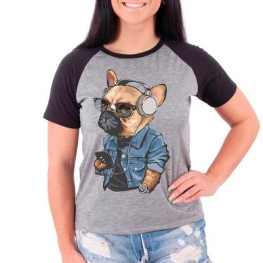 Imagem de Camiseta Raglan Buldog Francês Pet Dog Cinza Preto Fem01 - Design Cami