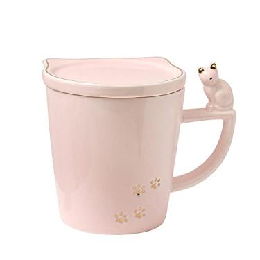 Imagem de Caneca de gato com tampa colher 3D linda xícara de chá de café cerâmica conjunto de caneca de casal presente de aniversário para mulheres amantes de amigos (rosa gato, 300 ml)