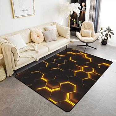 Imagem de Tapetes de sala de estar de favo de mel tapete de área 3x5 amarelo e marrom luzes de néon tapete interno hexagonal geométrico tapete decorativo para decoração de quarto de crianças tapete preto