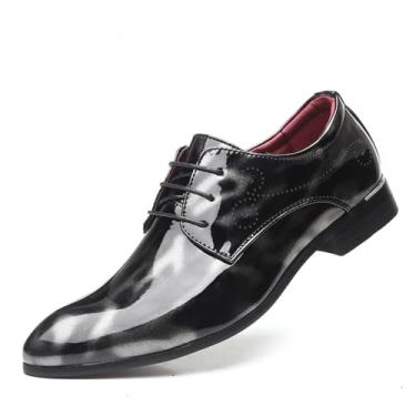 Imagem de Sapato masculino moderno de negócios bico fino floral couro envernizado cadarço Oxford preto marrom vermelho cinza, Cinza, 9