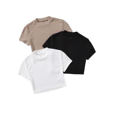 Imagem de SOLY HUX Camisetas femininas de 3 peças com nervuras de malha de manga curta para o verão, Preto, branco, bege, PP