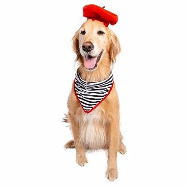 Imagem de Fantasia de boina francesa e cachecol para animais de estimação - Conjunto de boina e cachecol de duas peças - Fantasia de cachorro e gato - tamanho único