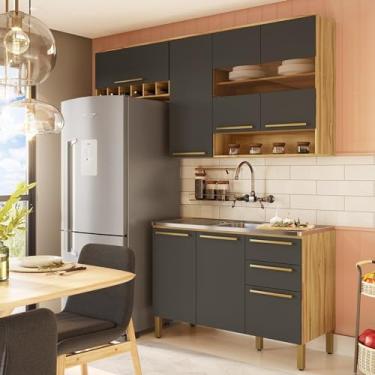 Imagem de Cozinha Modulada Compacta 3 Peças 7 Portas 2 Gavetas sem Tampo com Vidro Reflecta 100% Mdf Itália Es Amêndoa/Chumbo